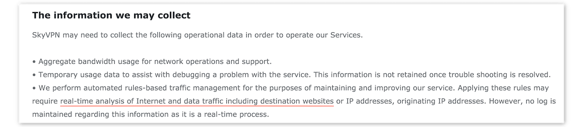 Schermata dell’informativa privacy di SkyVPN