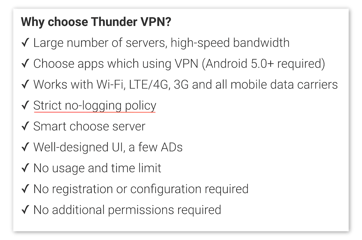 Captura de pantalla de la descripción de ThunderVPN en la Google Play Store