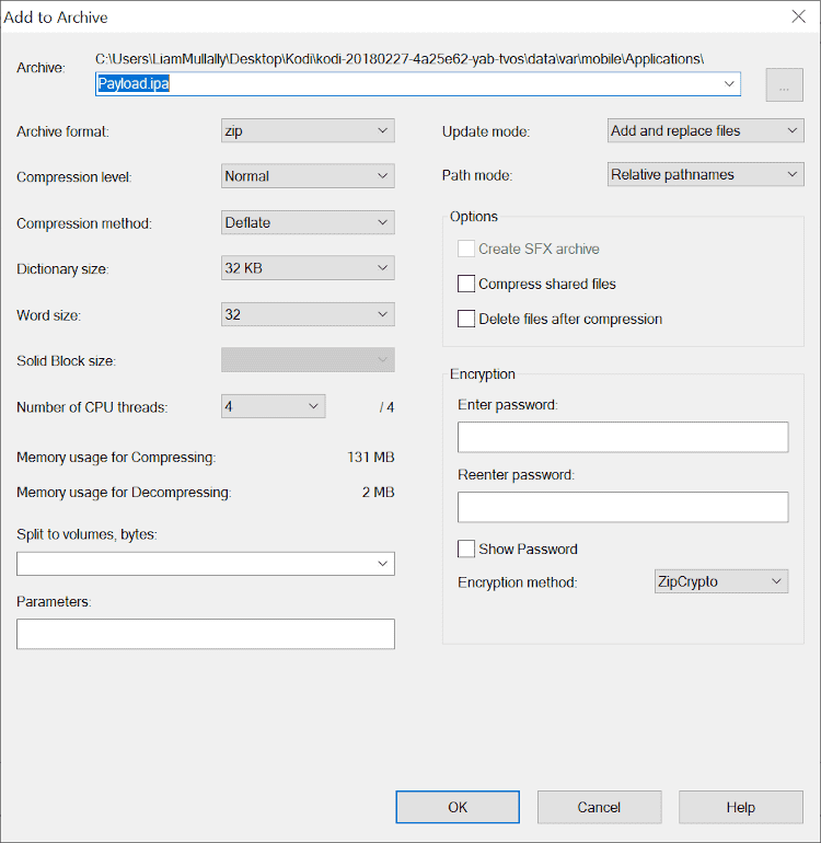 Correctly filled in "Add to Archive" window from 7-zip