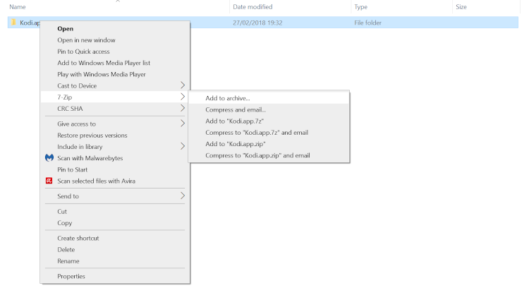 Drop-down menu showing how to compress files in 7-zip