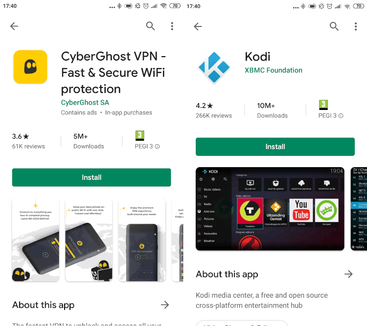 Kodi and a VPN in the Google Play Store on Android