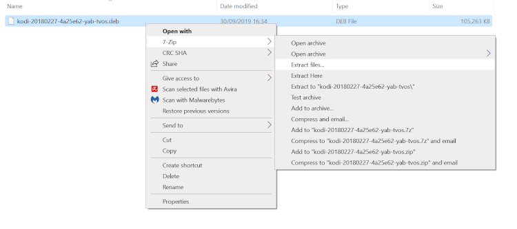 Drop-down menu demonstrating how to extract files in 7-zip