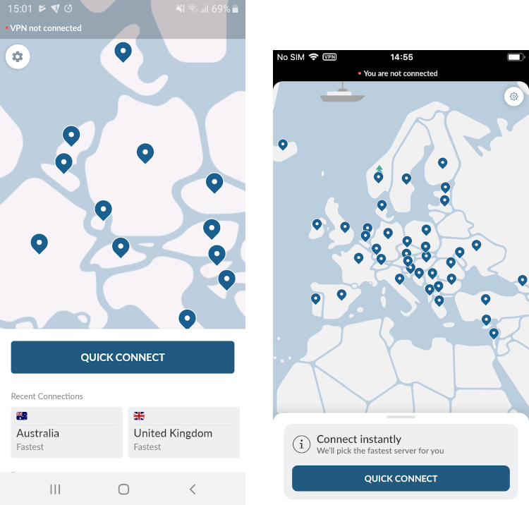 The Android and iPhone NordVPN apps side by side