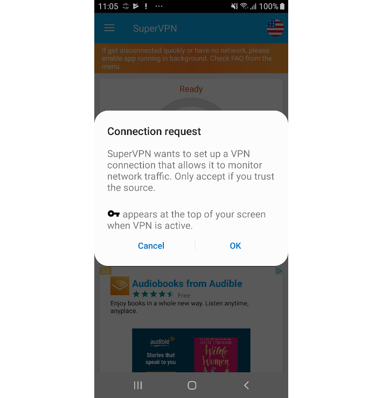 Screenshot of a pop-up in the SuperVPN app