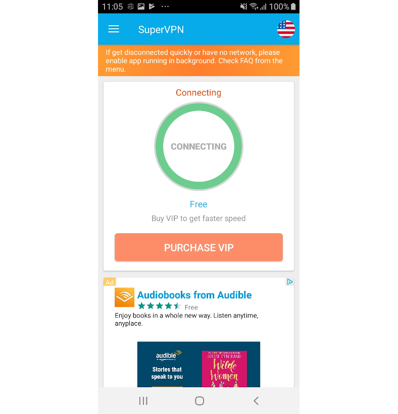 Screenshot of the SuperVPN App when connected