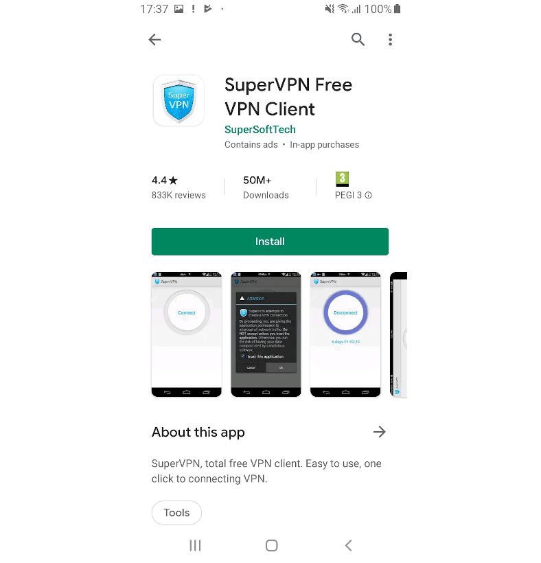 Screenshot of SuperVPN in the Google Play Store