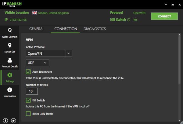 The settings menu of IPVanish's desktop client