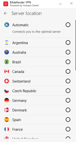 A screenshot of the Bitdefender country select on PC