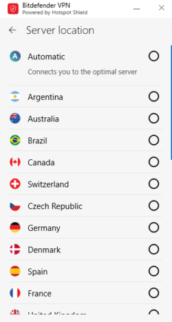 Una captura de pantalla del país de bitdefender seleccionado en PC