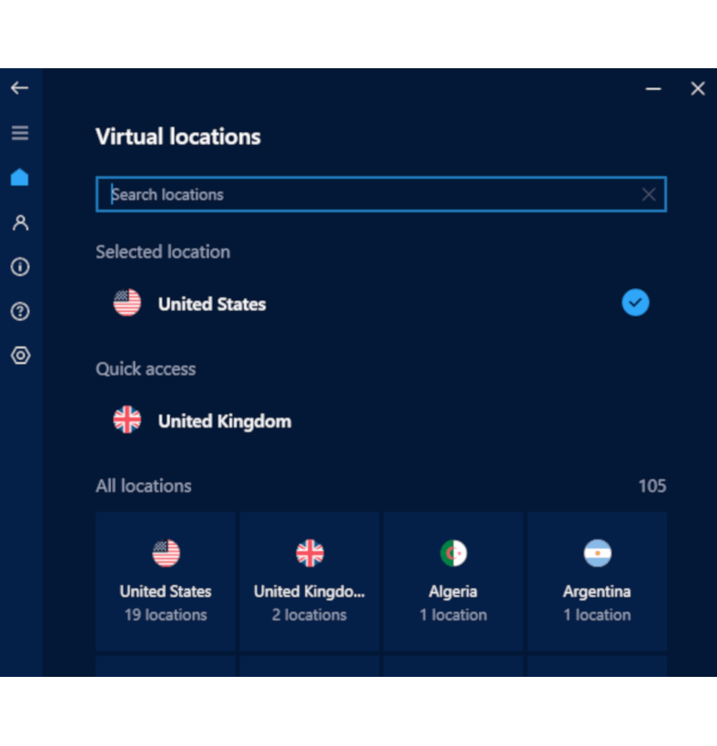 Screenshot of Hotspot Shield's server location list