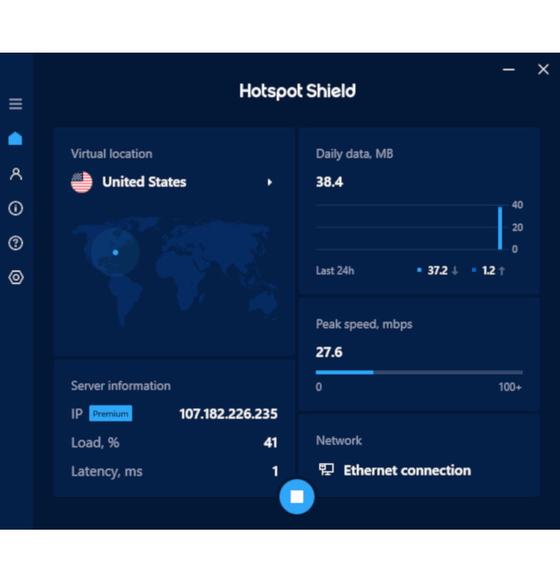Schermata dell’app per Windows di Hotspot Shield mentre connessa