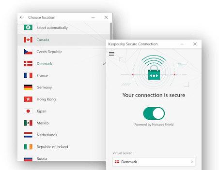 Pantalla principal y lista de servidores de Kaspersky VPN