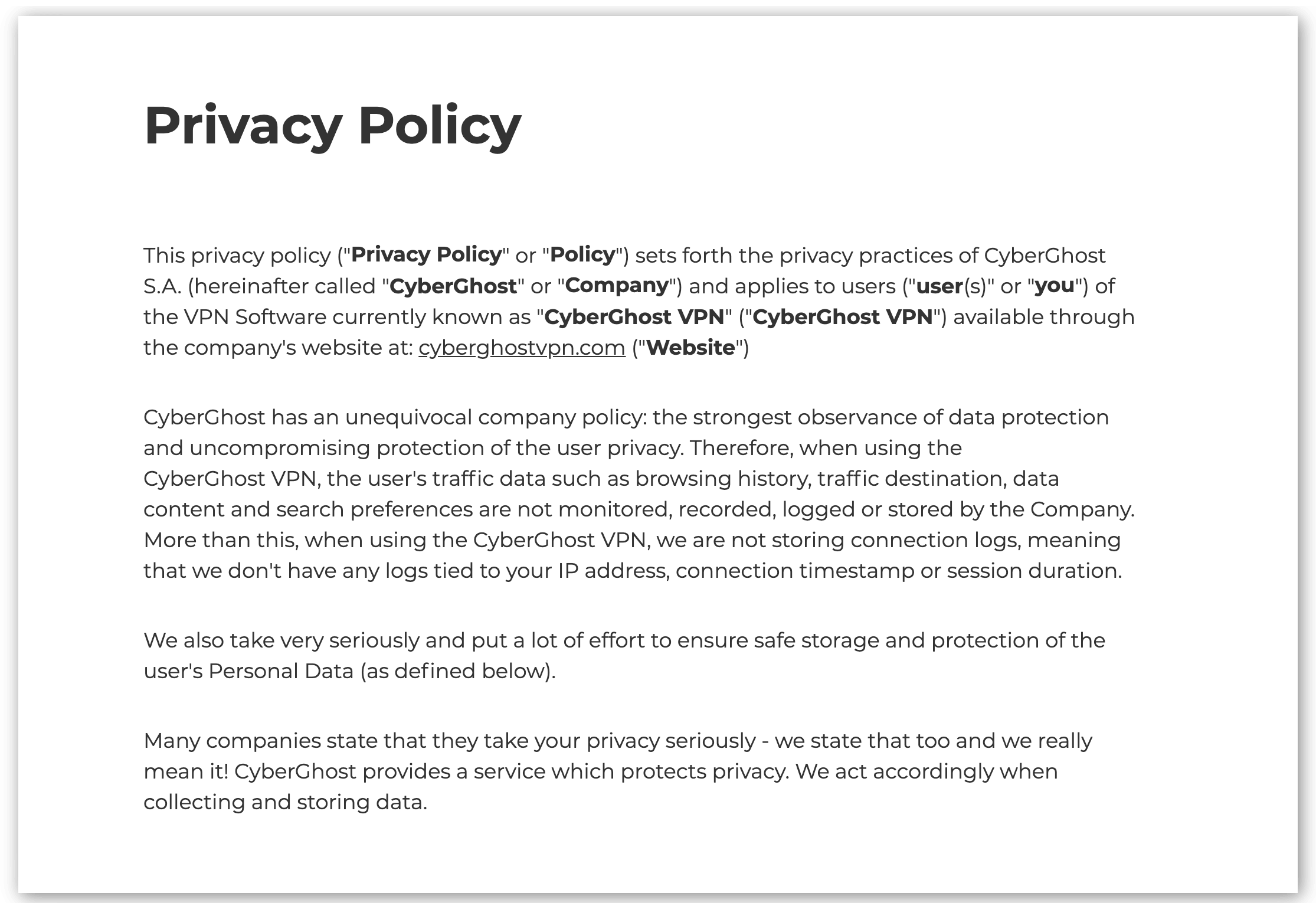 Zrzut ekranu polityki prywatności CyberGhost