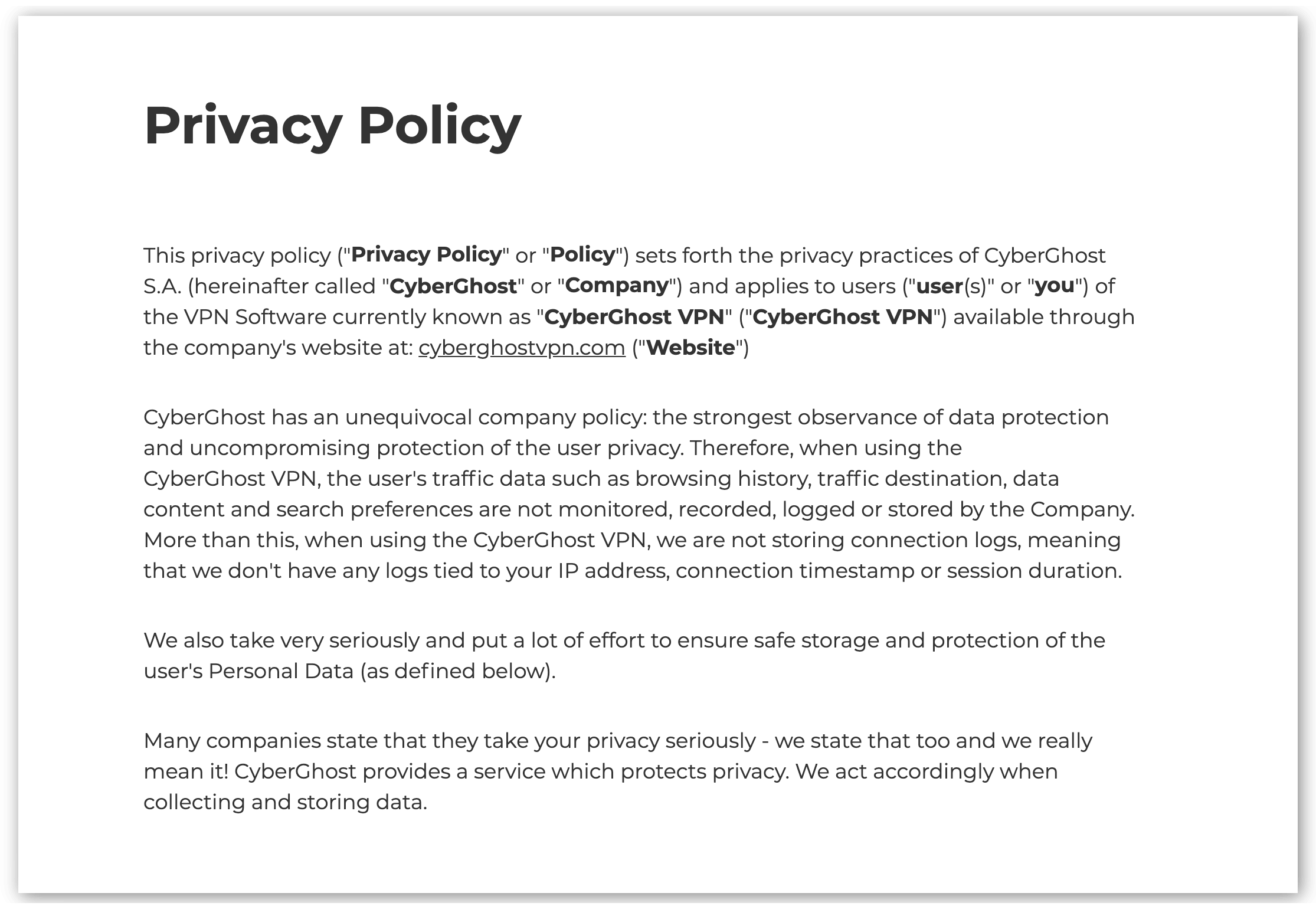 Capture d'écran de la politique de confidentialité de Cyberghost