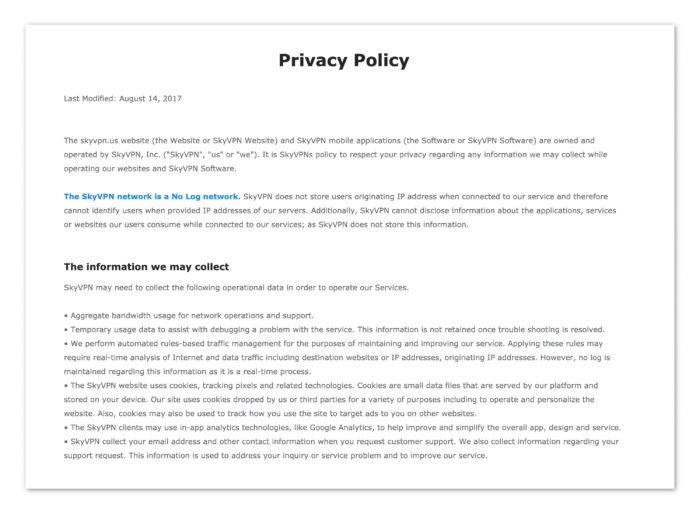 Screenshot of SkyVPN Privacy Policy