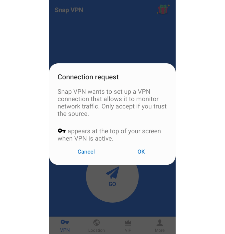 Screenshot of Snap VPN connection request in the app