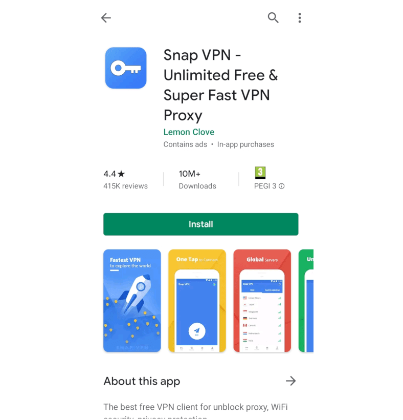 Screenshot of Snap VPN on the Google Play Store