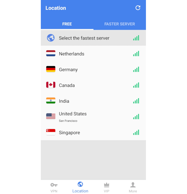 Screenshot of Snap VPN's server locations in app