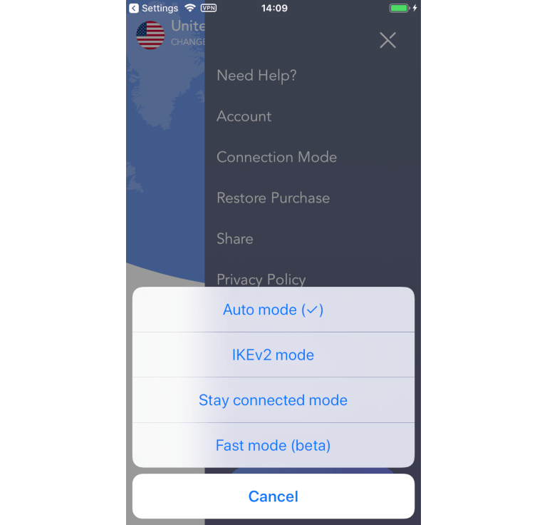 Screenshot of VPN360 connection modes in iOS app