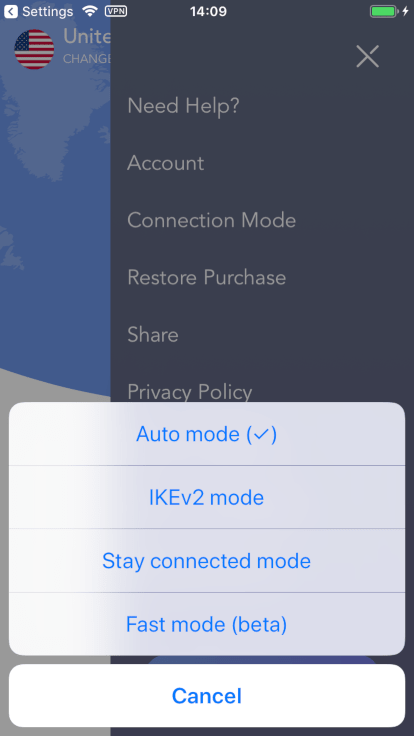 Screenshot of VPN360 connections modes in iOS app
