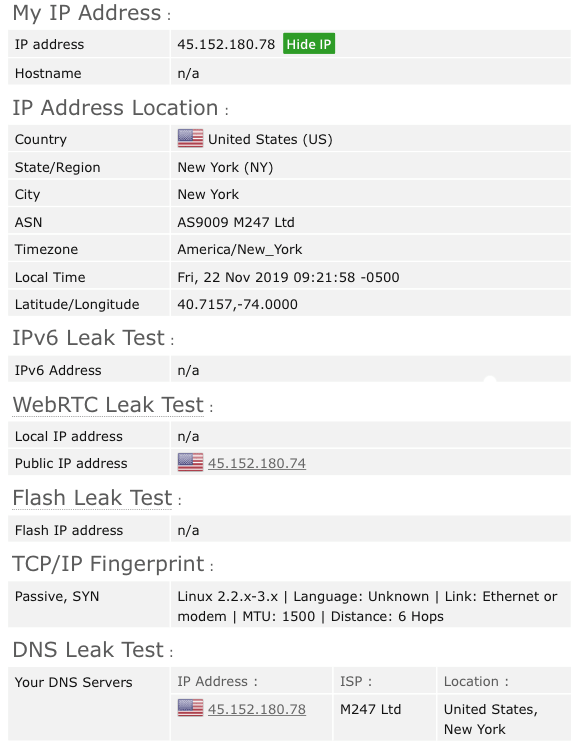Screenshot of VPN360 leak test results