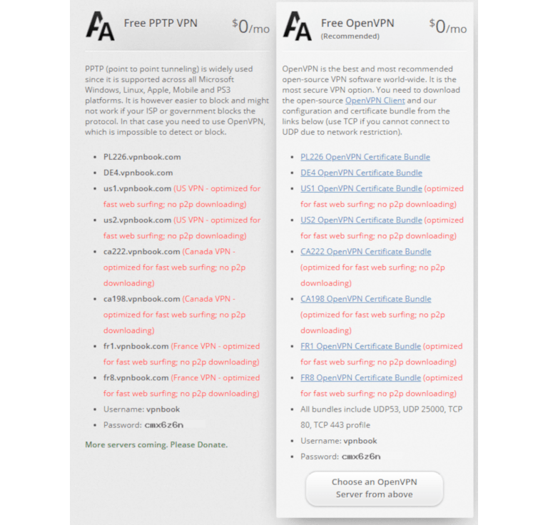 Screenshot of VPNBook's website and VPN config files