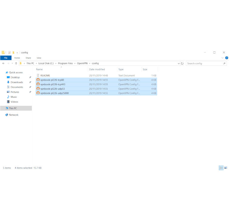 Screenshot of VPNBook config files in the OpenVPN folder