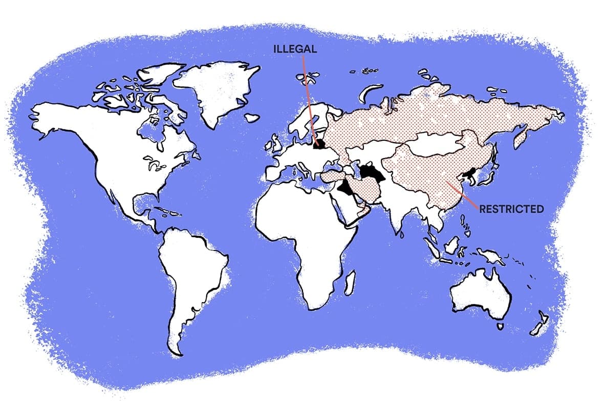 Ilustracja przedstawiająca kraje, w których sieci VPN są nielegalne i legalne