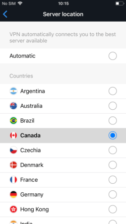 A screenshot of the Bitdefender Mobile app country select screen