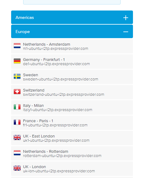 Screenshot of the ExpressVPN server addresses