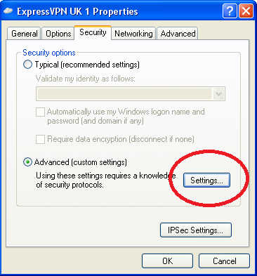 The Security settings in ExpressVPN Windows Diallers