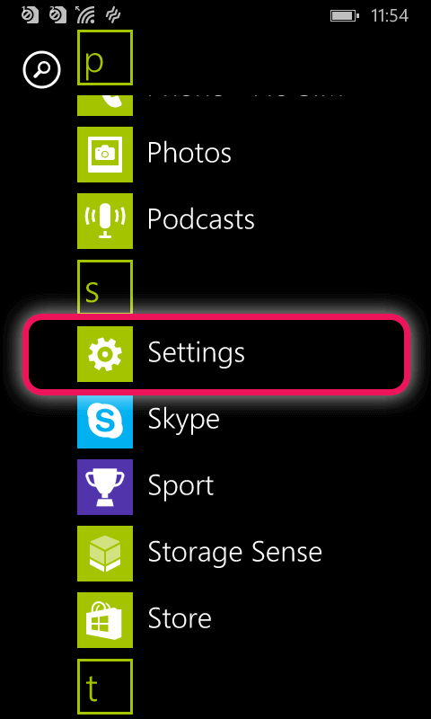 Screenshot of the Windows Phone Settings menu