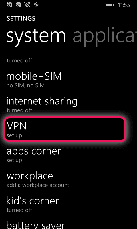 Screenshot of Windows Phone System Settings