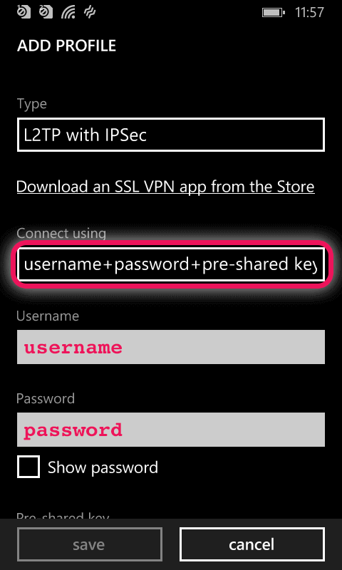 Screenshot of the Username and Password fields