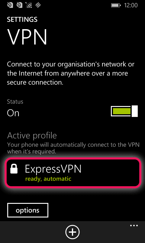 Screenshot showing a connected VPN on Windows Phone