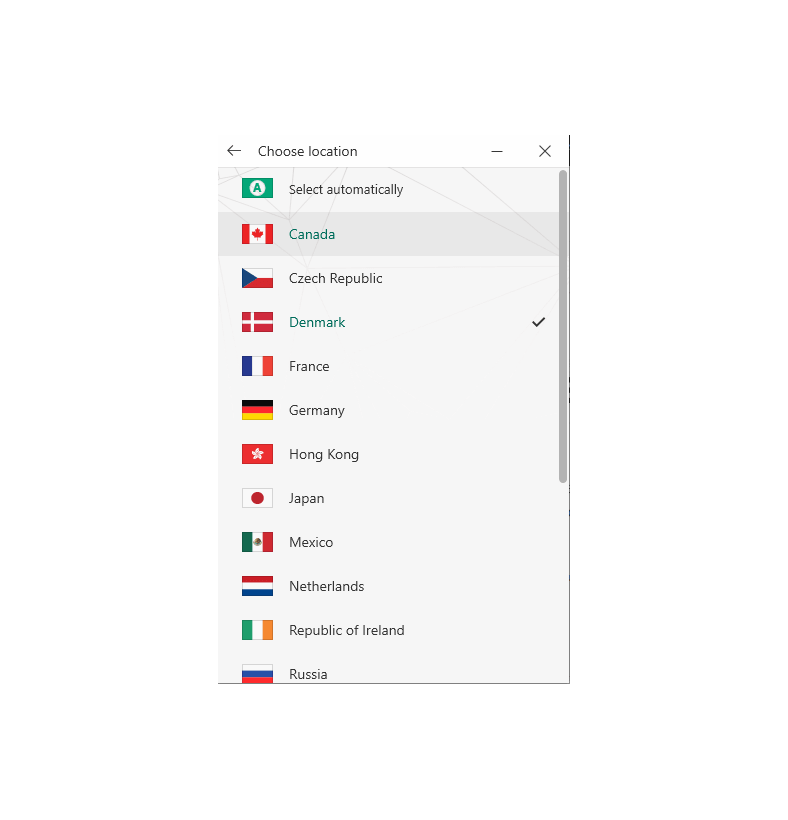 Capture d'écran de la liste des serveurs dans l'application VPN Kaspersky