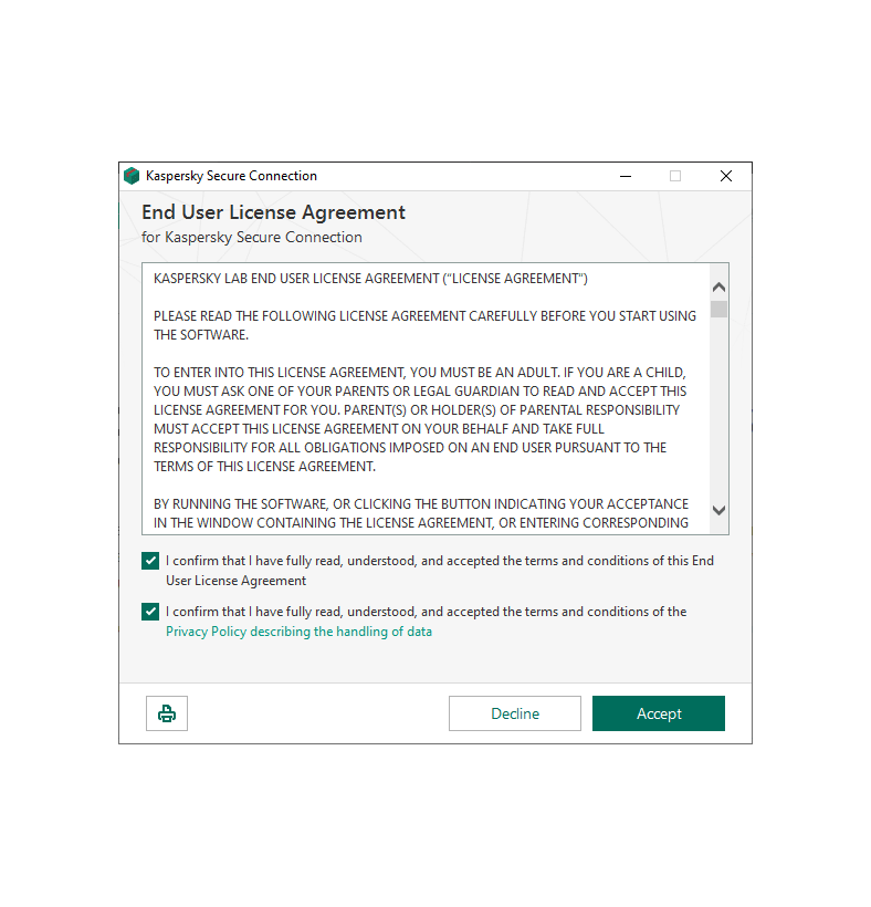 Screenshot of a window from the Kaspersky Secure Connection Installation