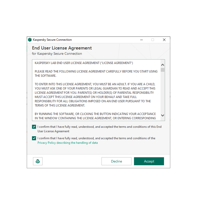 Kaspersky सुरक्षित कनेक्शन स्थापना से एक खिड़की का स्क्रीनशॉट