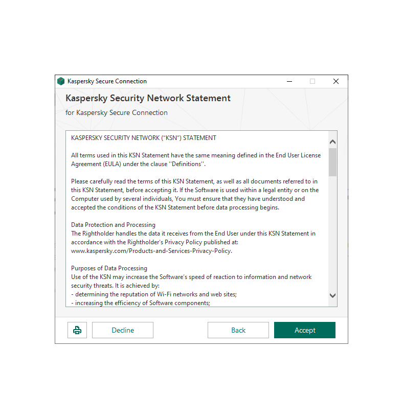 Screenshot of a window from the Kaspersky Secure Connection Installation