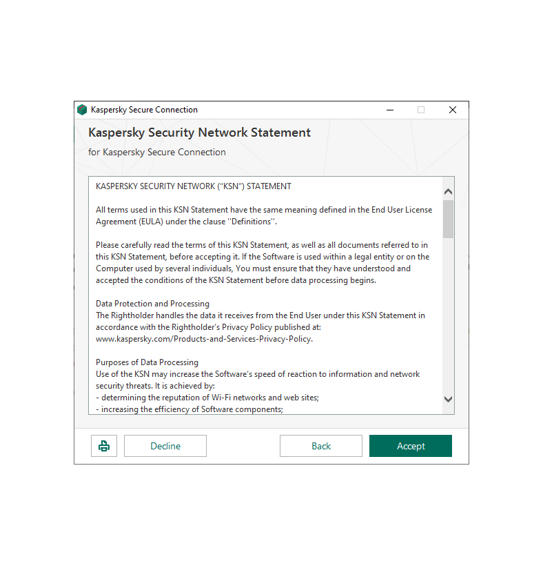 Capture d'écran d'une fenêtre à partir de l'installation de connexion sécurisée de Kaspersky