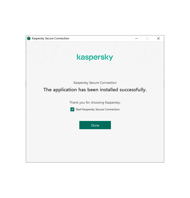 Captura de pantalla de la instalación de conexión segura de Kaspersky en la etapa final