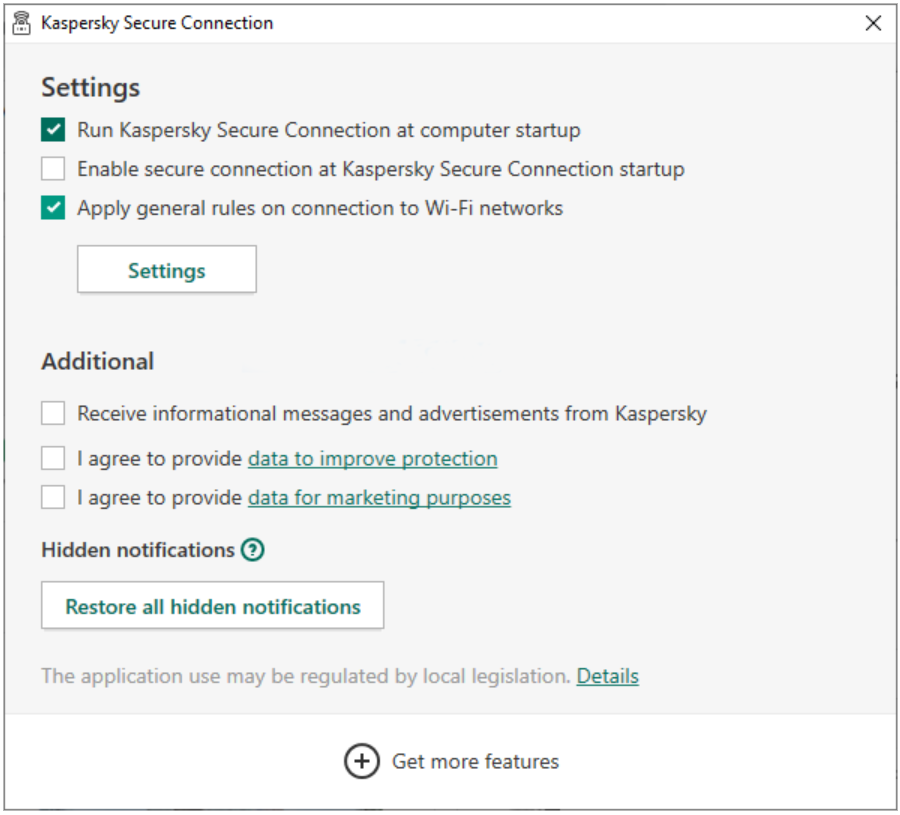 The Kaspersky VPN Secure Connection settings menu