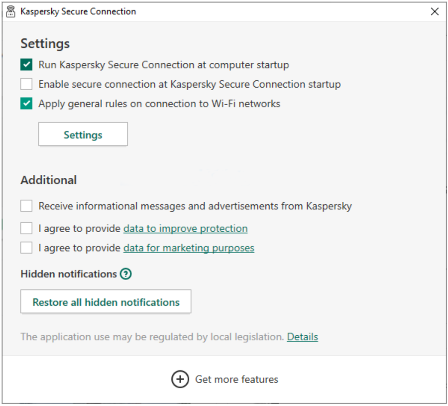 Capture d'écran du menu des paramètres de Kaspersky