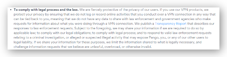 Aura's privacy policy stating it does not keep user logs