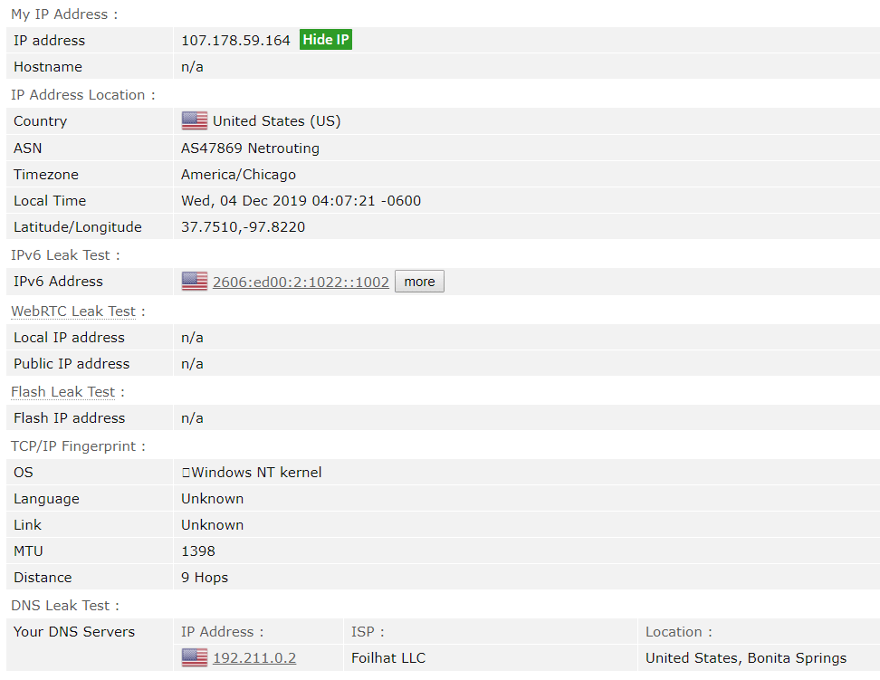 สกรีนช็อตของผลการทดสอบการรั่วไหลของ AzireVPN
