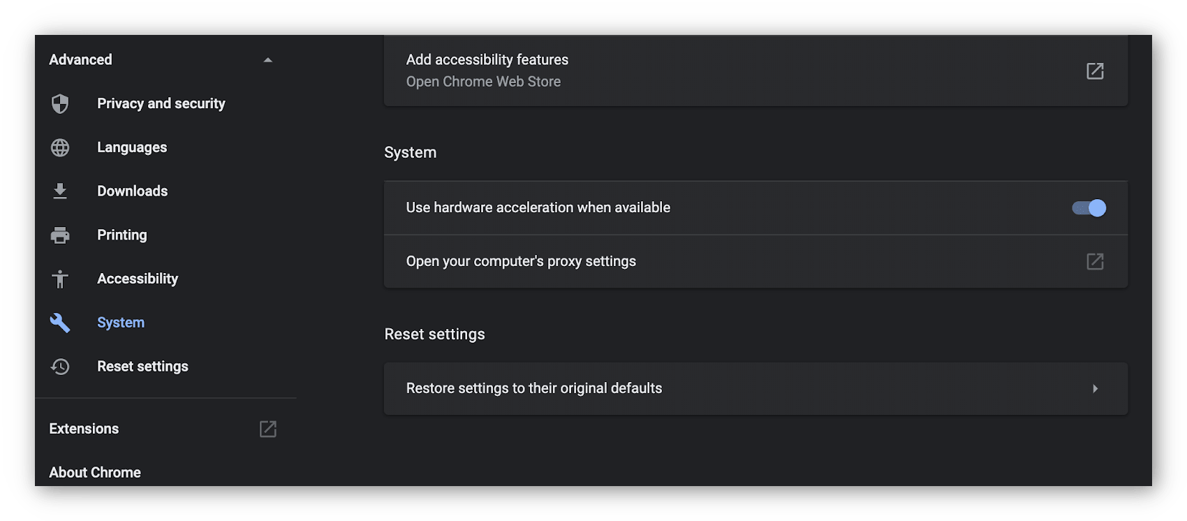 Captura de pantalla de los ajustes avanzados del sistema en Chrome