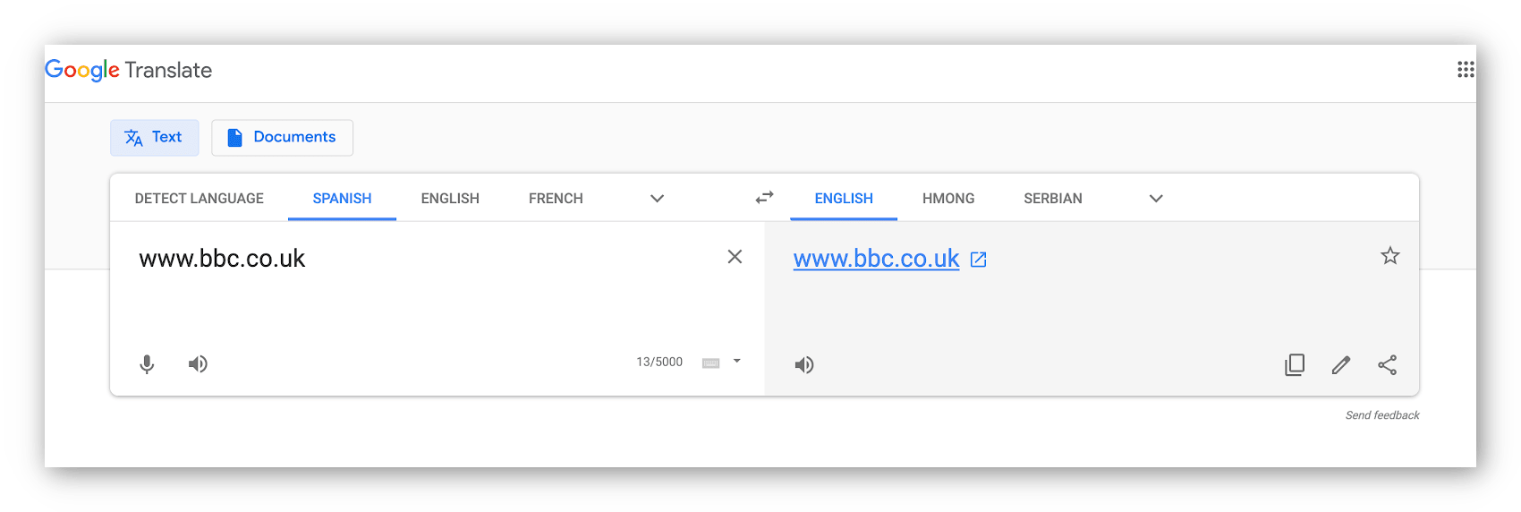 Zrzut ekranu z Tłumacza Google