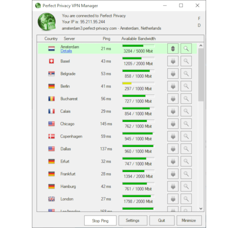 Screenshot of Perfect Privacy when connected