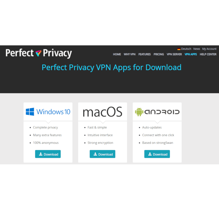 Screenshot of Perfect Privacy's downloads page