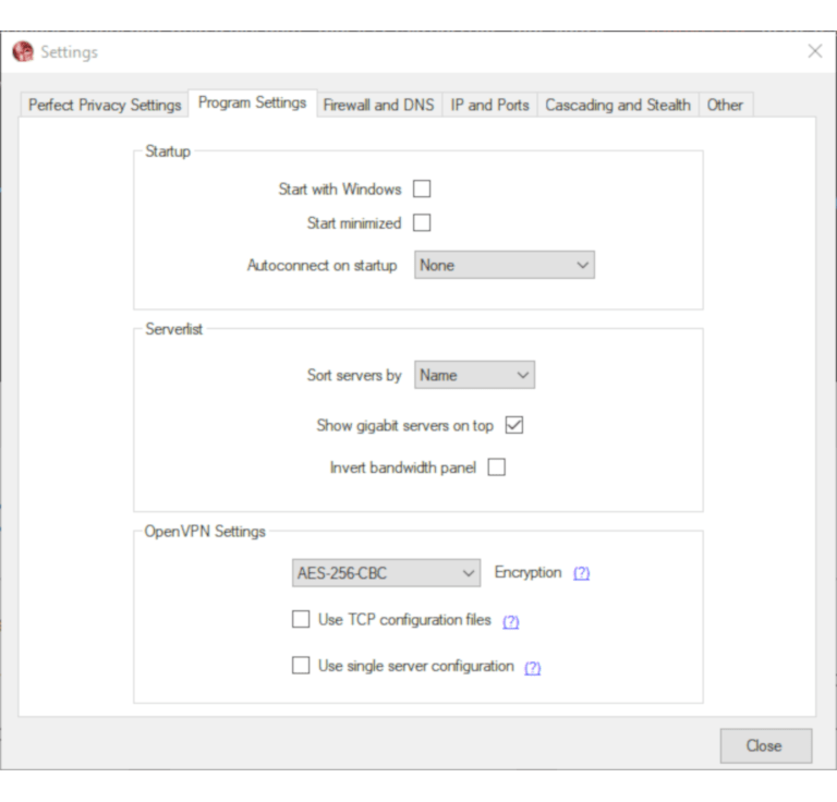 Perfect Privacy's Encryption Settings